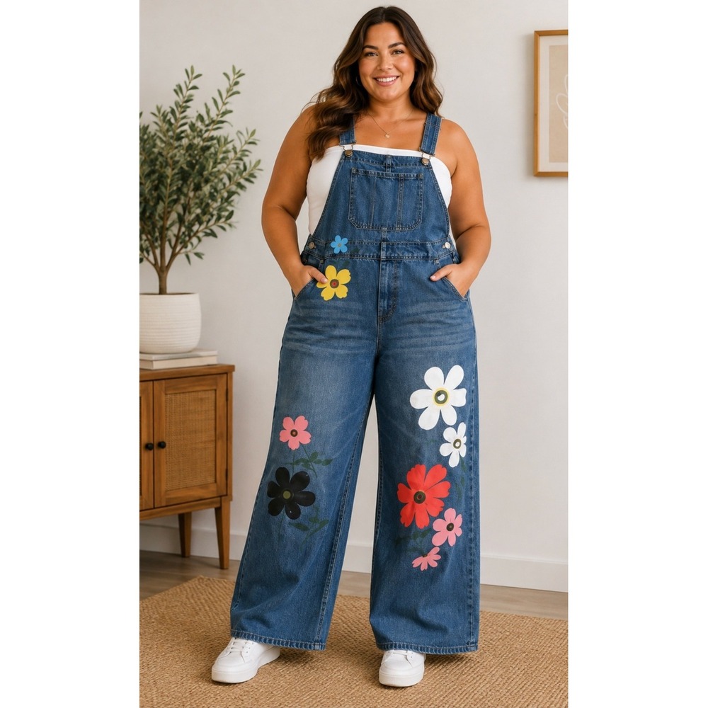 Misslook Womens Denim Overalls 3XL Painted Floral Wide Leg Boho Artsy Retro - Picture 1 of 15